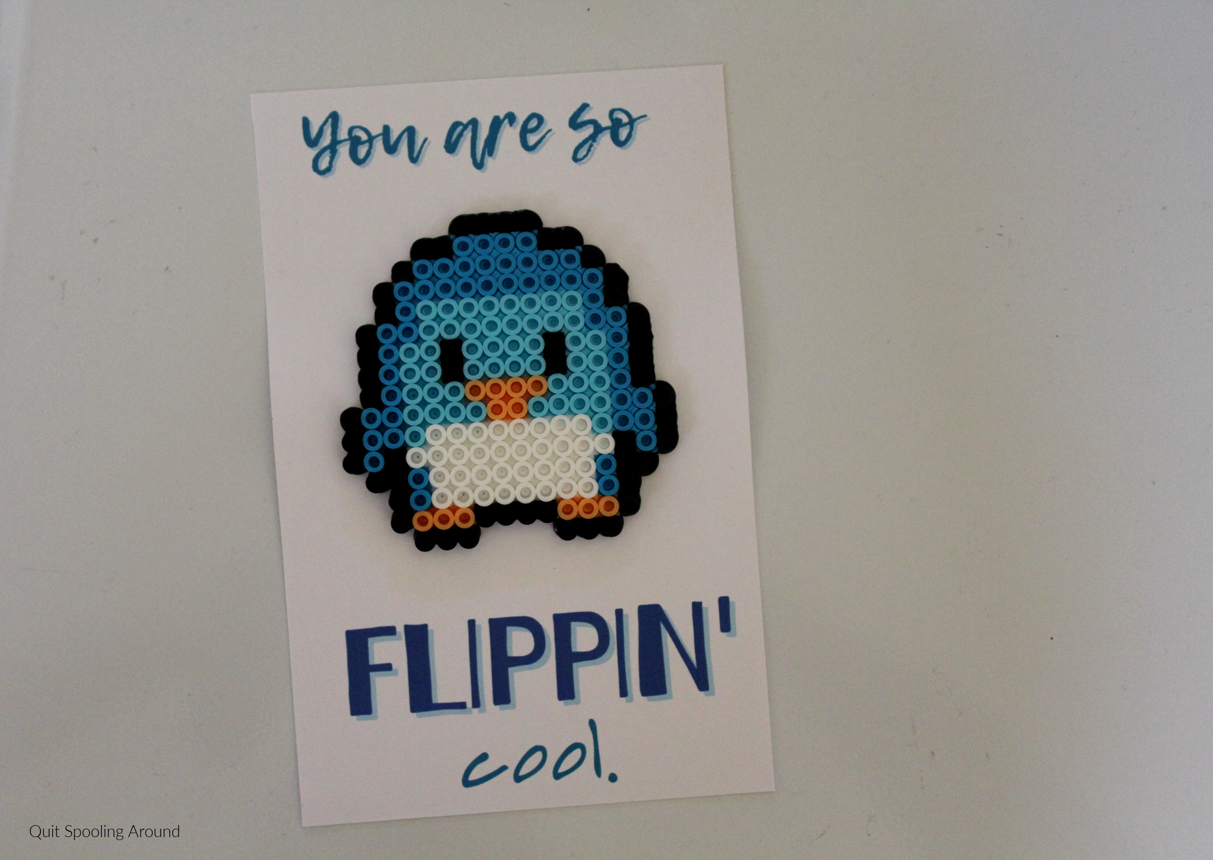 Penguin Perler Bead Love Pun Card - Quit Spooling Around